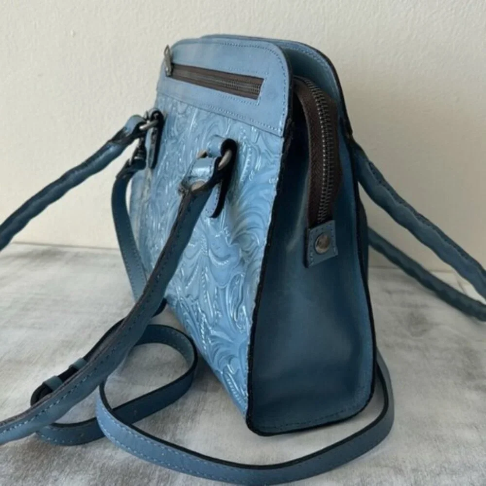 PATRICIA NASH LEATHER CALVI TOOLED FLORAL SATCHEL CROSSBODY SAFFLOWER BLUE